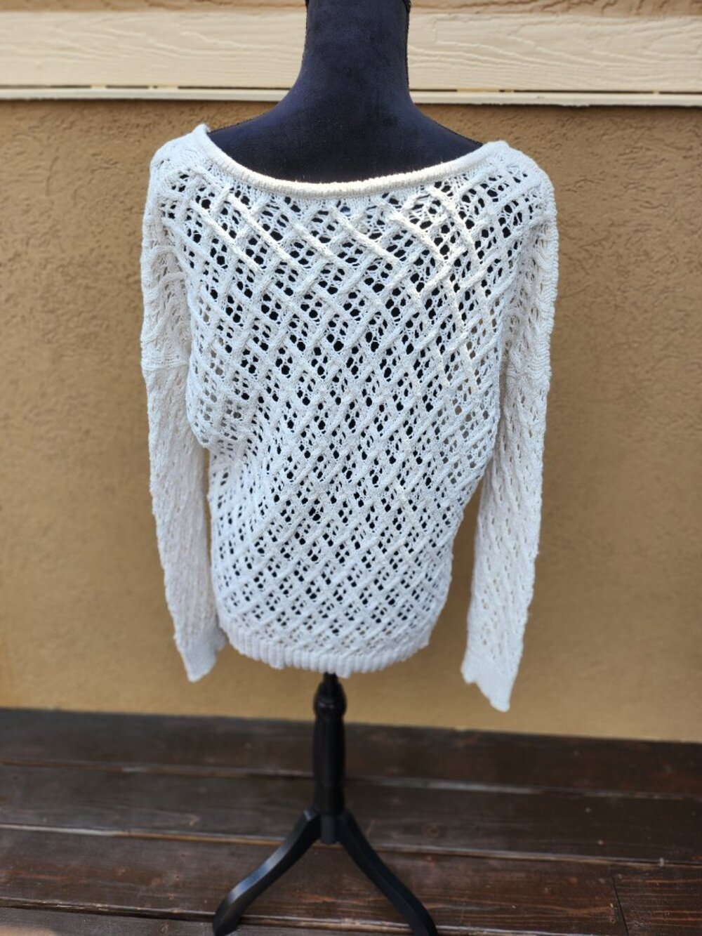 American Eagle Ivory Open Knit Cable Crochet Sweater Size M‎ 100% Cotton - Picture 3 of 10
